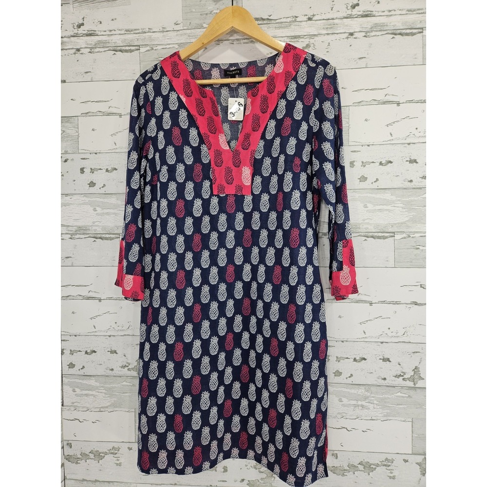 Talbots Tunic Popover Cover up Dress Navy Blue Pineapple Print Women Small